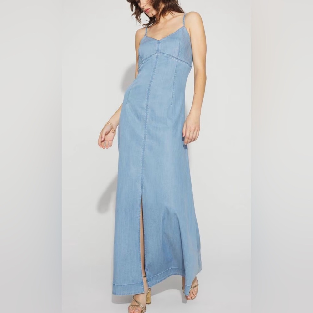 White House Black Market Chain detail Sleeveless Denim Maxi Dress